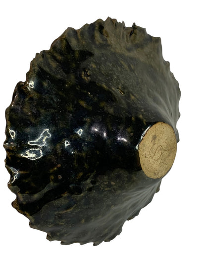 Art Pottery Signed Blue Black Bowl Textured Edge Vintage 7 Inch Diameter