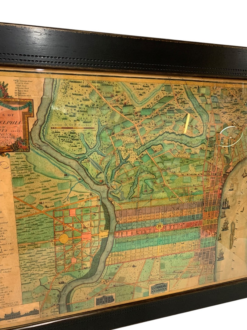 Reproduction 1802 Framed Map of Philadelphia Wooden Frame 34.5 x 26.5 Inches