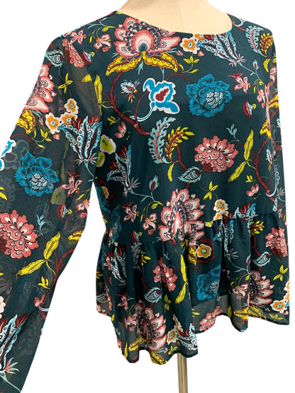 Medium LOFT Sheer Floral Print Blouse Flounce Hem Shirt