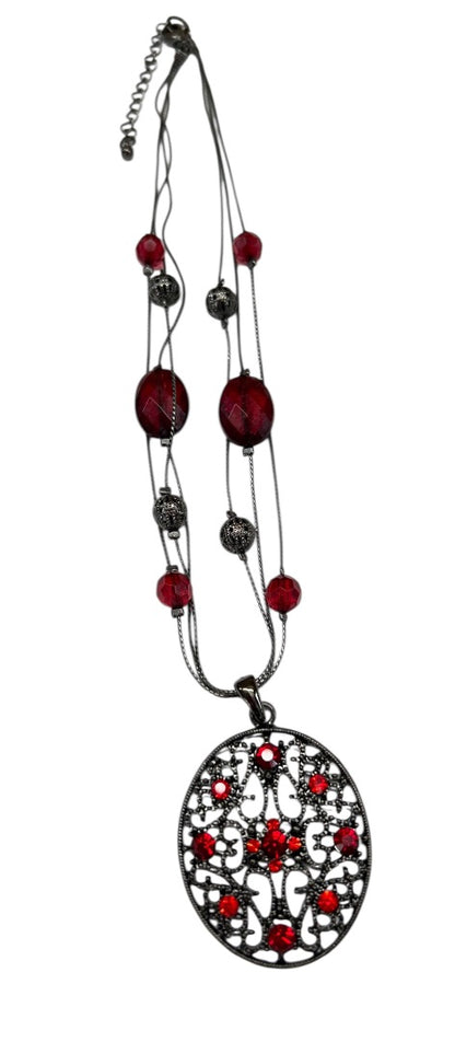 Pewter Color and Red Necklace Beaded Pendant Multistrand 16-18 Inch