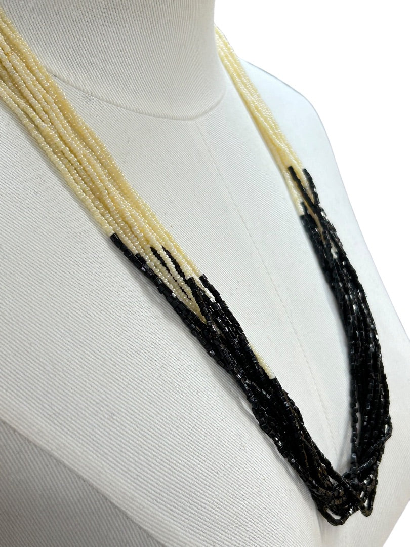 Multistrand Cream Black Beaded Necklace Goldtone Clasp 28 Inch