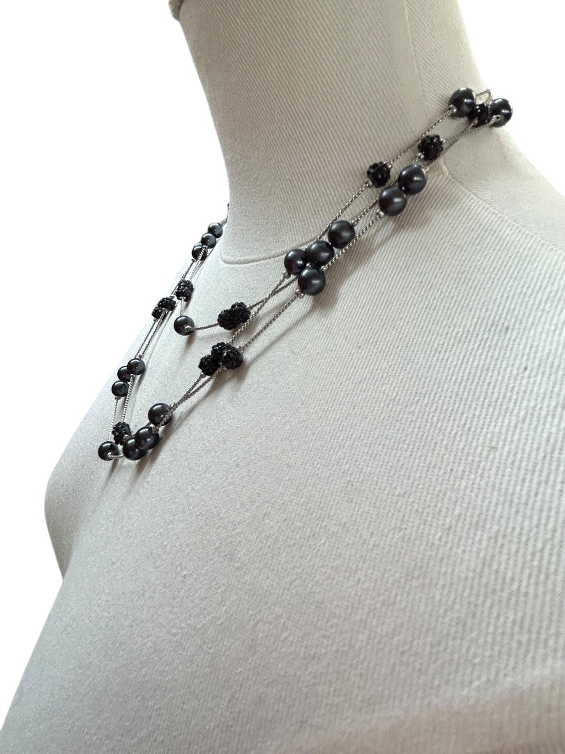 RMN Triple Strand Silvertone Beaded Tiered Necklace 16-20 Inches Lobster Clasp