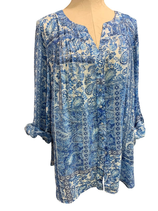 3X Zac & Rachel Blue White Boho Button Up Womens Blouse Paisley