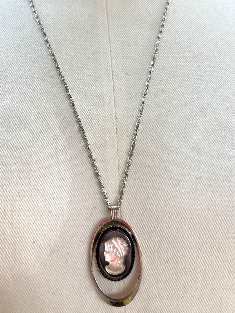 Silvertone Overhead Necklace 24 Inch Cameo Pendant 1.75"