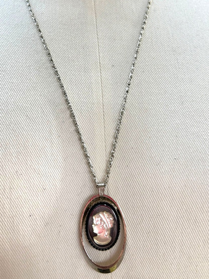 Silvertone Overhead Necklace 24 Inch Cameo Pendant 1.75"