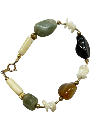 Stone Beaded Bracelet Agate Mother of Pearl 7.5 Inch Spring Clasp