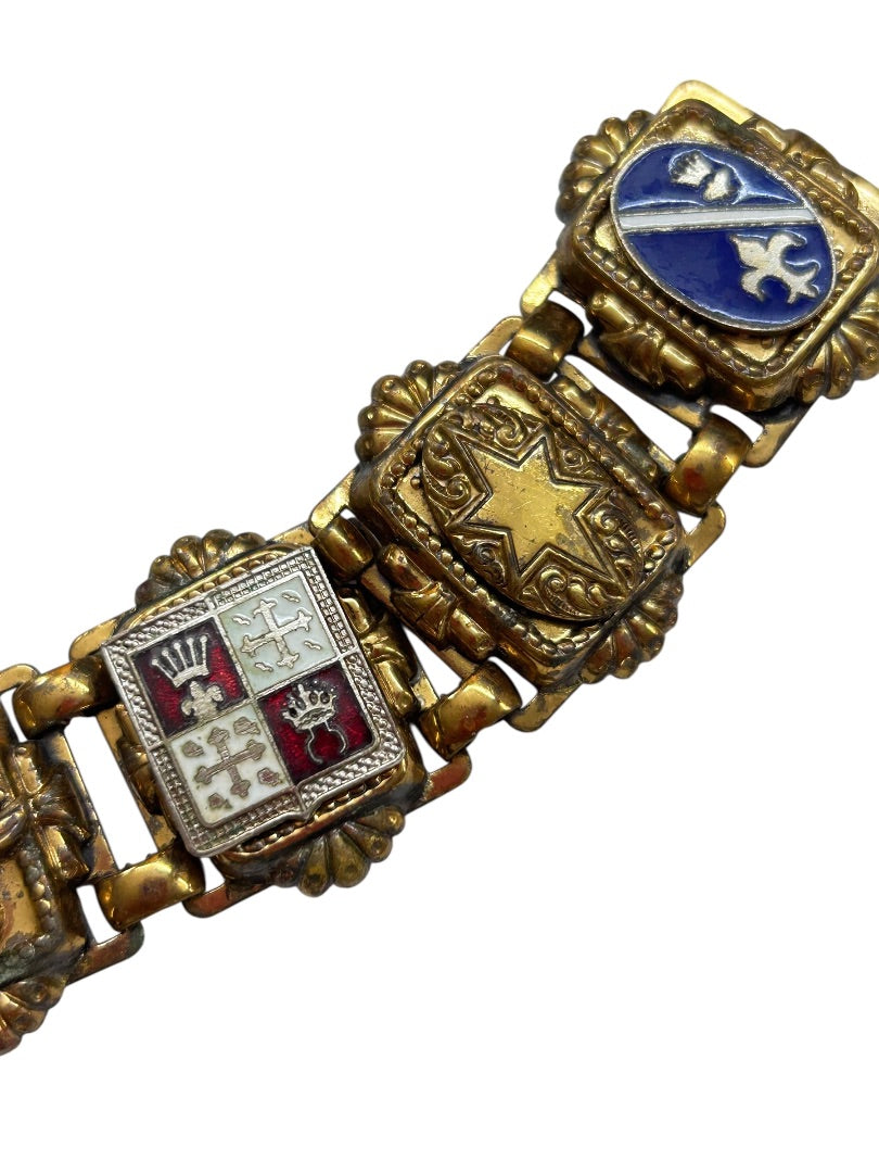 Vintage Goldtone 7 Panel Bracelet Crests France 7 Inch Chunky