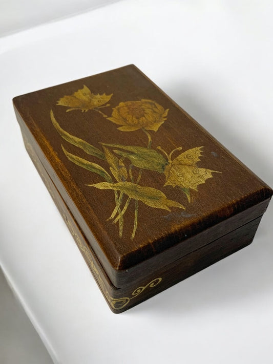 Vintage Wooden Hinged Box Rose Butterfly Painted 5.75 x 3.5 x 1.75"h