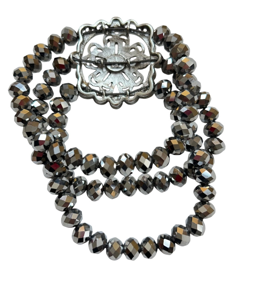 Triple Strand Stretch Bracelet Silvertone Faceted Beads Medallion