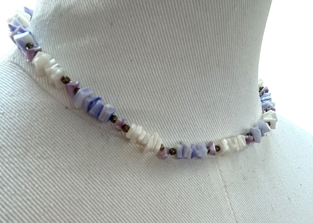 Puka Chip Shell Necklace White Purple Goldtone Barrel Clasp 16 Inch