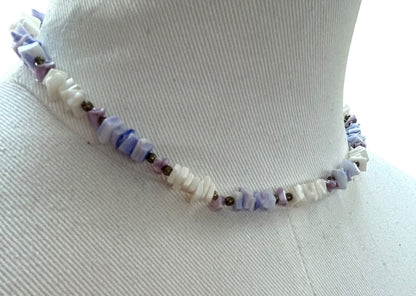 Puka Chip Shell Necklace White Purple Goldtone Barrel Clasp 16 Inch