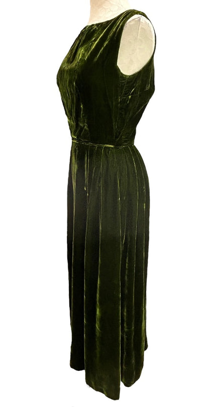 Myra Bushman Dress Green Velvet Sleeveless Gown Vintage 60s Formal USA