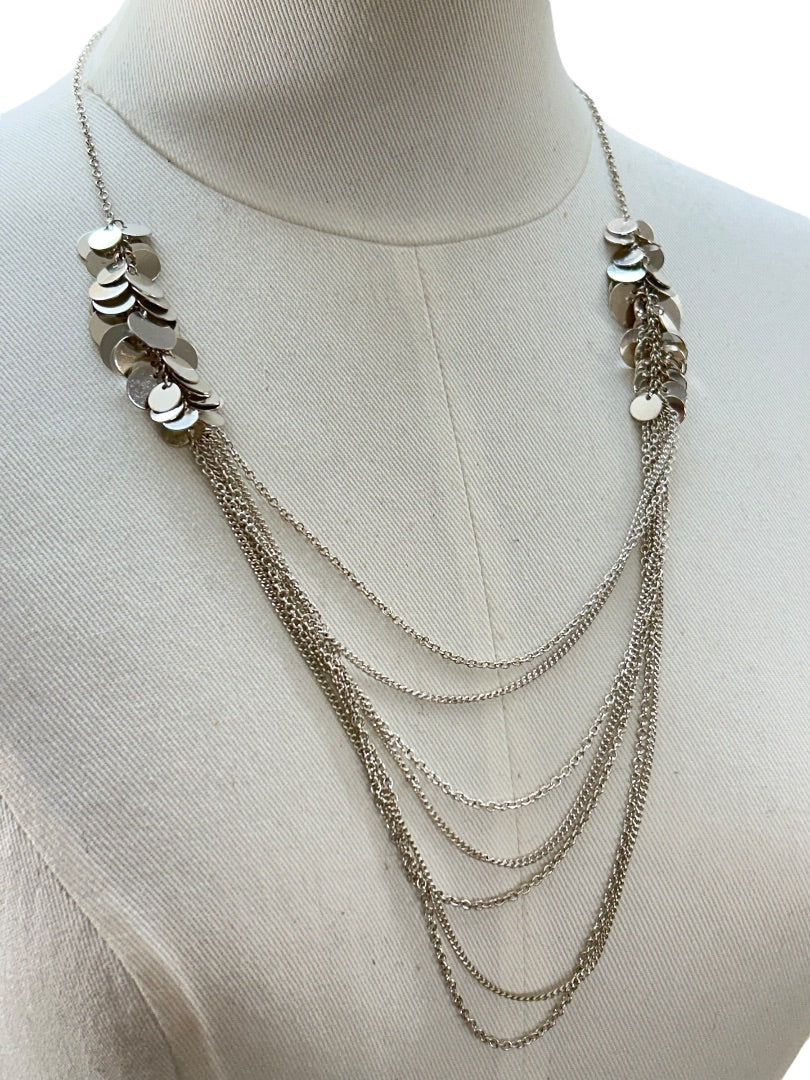 Silvertone Tiered Necklace Multistrand Circles 23-26 Inches 4 Inch Drop