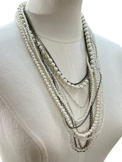Mixed Beads Multistrand Tiered Necklace White Silvertone Pewter Oversize Lobster Clasp