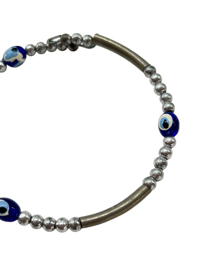 Silvertone Adjustable Bangle Bracelet Beaded Open Wire Blue Beads