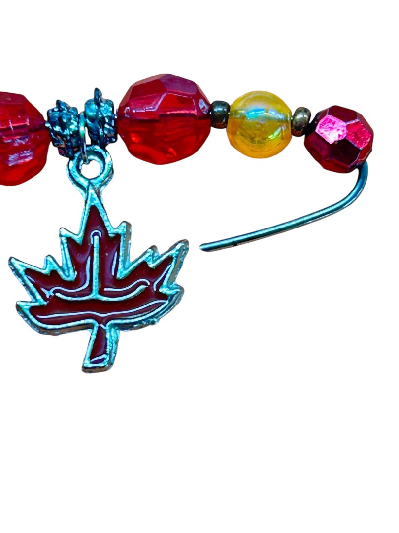 Harpo Originals Beaded Safety Pin Brooch Red Yellow Maple Leaf