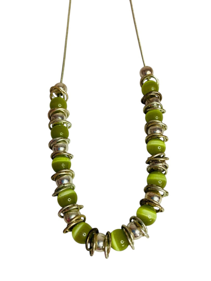 Silvertone and Green Beaded Necklace Snake Chain 17-22 Inch Lobster Clasp