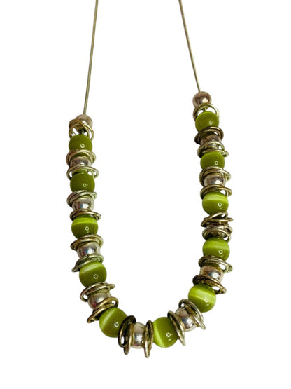 Silvertone and Green Beaded Necklace Snake Chain 17-22 Inch Lobster Clasp