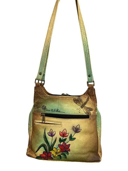 Anuschka Flower Leather 3 Compartment Shoulder Bag Hand-Painted USA