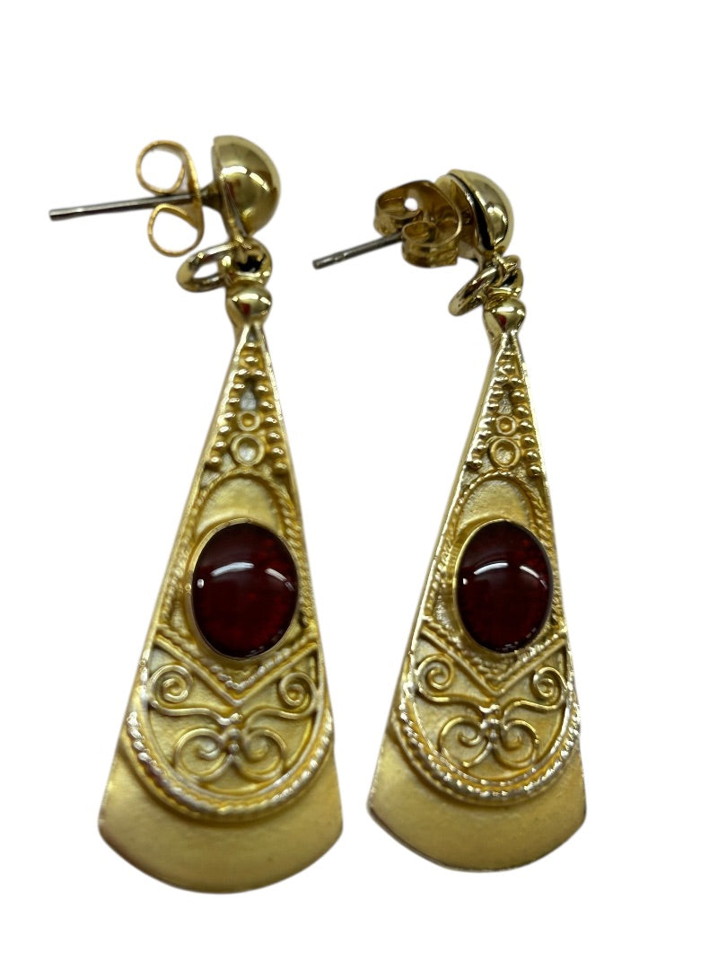 Brushed Goldtone Earrings Post Pierced Red Cabochon 1.75 Inch Drop