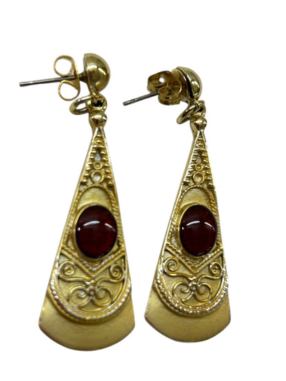 Brushed Goldtone Earrings Post Pierced Red Cabochon 1.75 Inch Drop