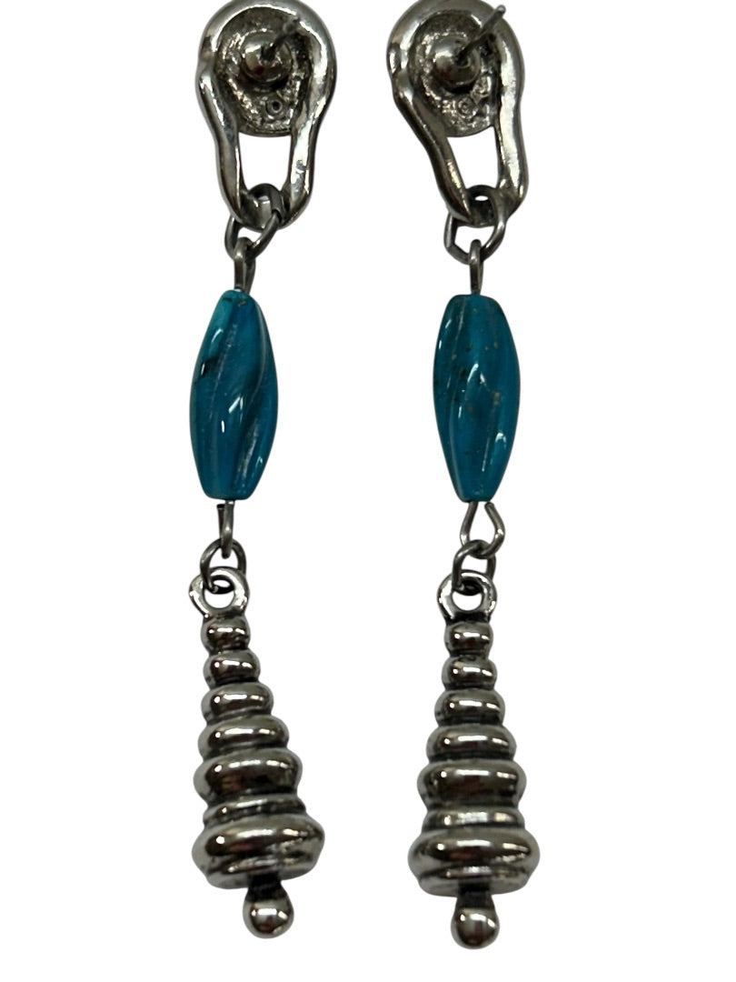 Silvertone Faux Turquoise Pierced Earrings 2.5 Inch Drop Dangle