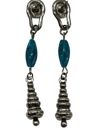 Silvertone Faux Turquoise Pierced Earrings 2.5 Inch Drop Dangle