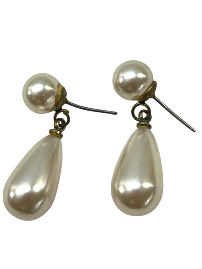 Faux Pearl Post Pierced Earrings Oval Drop 1.2 Inch