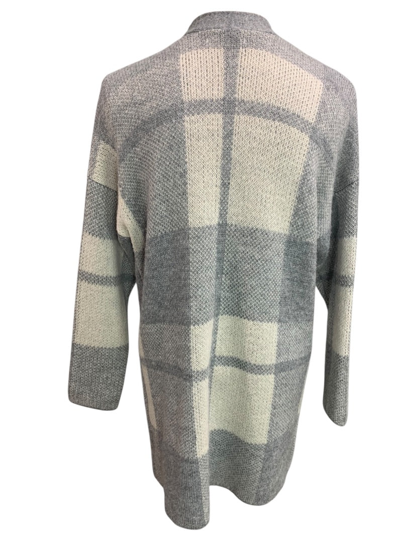 XS American Eagle Womens Open Cardigan Sweater Long Pockets Gray Plaid Wool Blend