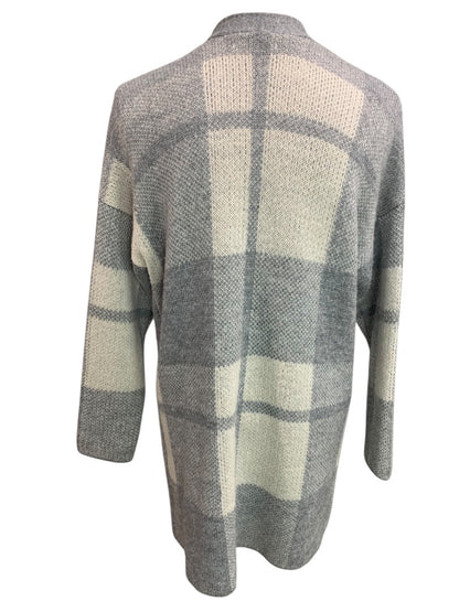 XS American Eagle Womens Open Cardigan Sweater Long Pockets Gray Plaid Wool Blend