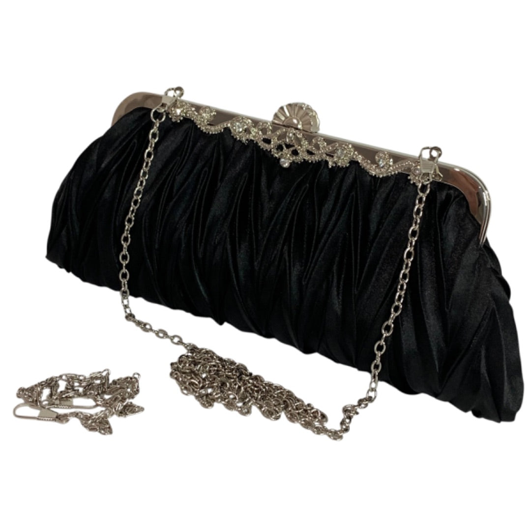 Black Satin Silvertone Hardware Evening Clutch Bag Shoulder Strap Chain