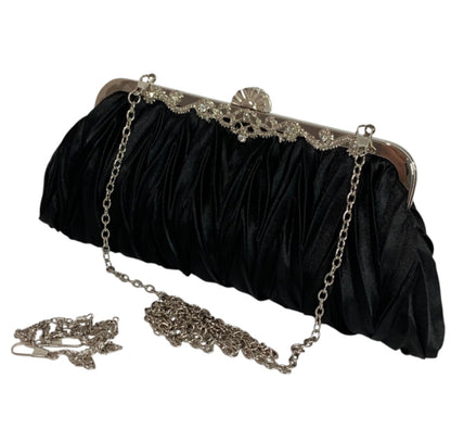 Black Satin Silvertone Hardware Evening Clutch Bag Shoulder Strap Chain