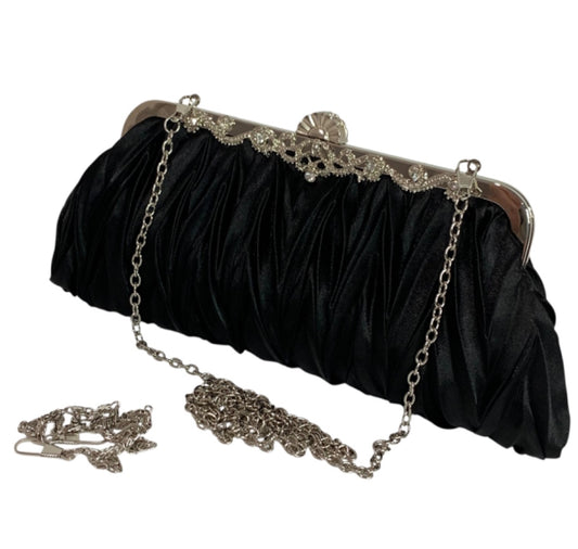 Black Satin Silvertone Hardware Evening Clutch Bag Shoulder Strap Chain