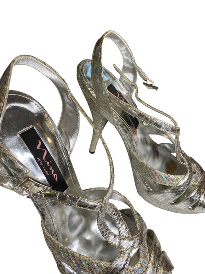 Size 7.5 Nina Womens Silver Sandal Stiletto 4.5 Inch Heels Sparkle