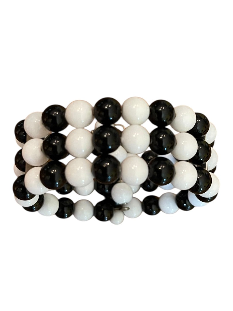 Vintage 3 Strand Black White Beaded Adjustable Cuff Bracelet