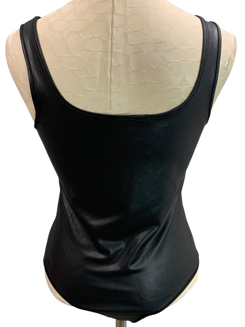 Medium Iris Womens Black Coated Bodysuit Sleeveless Scoop Neck