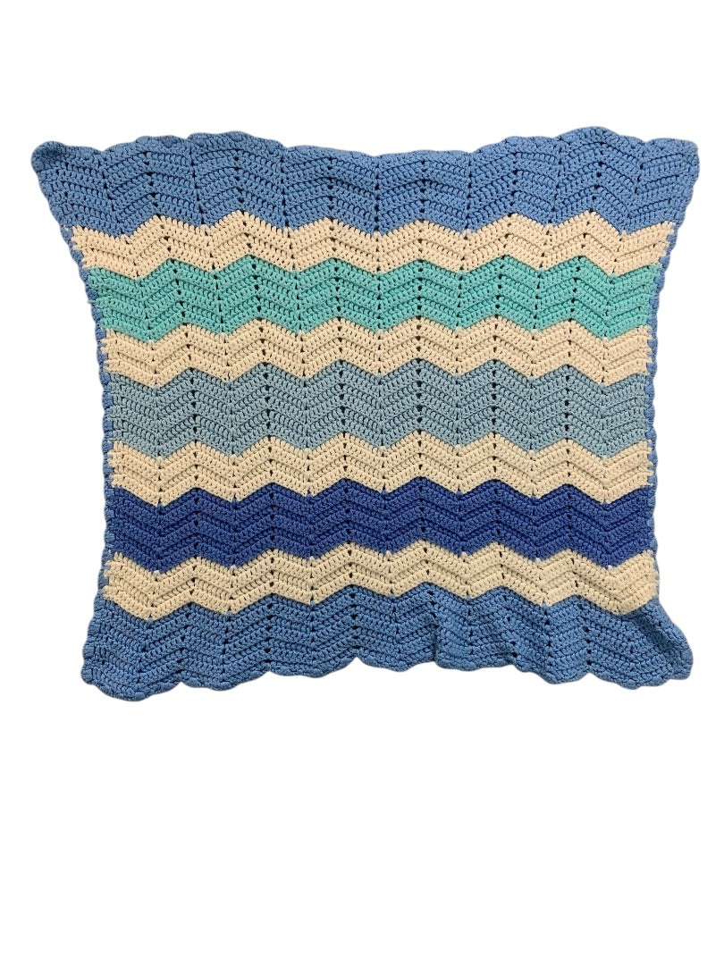 Vintage Crochet Baby Blanket Chevron Blue White 26" x 32"