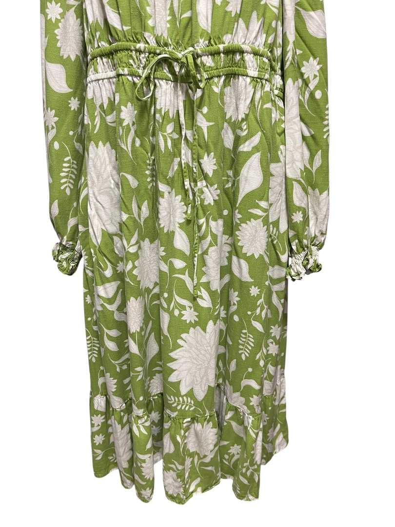 1XL Ava & Viv Floral Long Sleeve Tie Waist Dress Green Boho Style