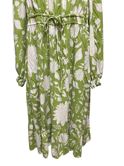 1XL Ava & Viv Floral Long Sleeve Tie Waist Dress Green Boho Style