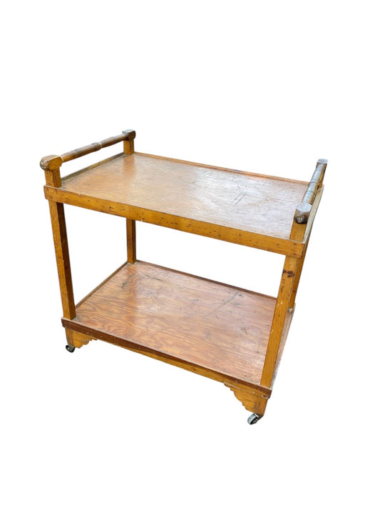 Oak Rolling Wooden Bar Cart Vintage 2 Shelves Garden Kitchen