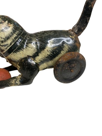 1930s Marx Tin Toy Friction Lever Cat with Wooden Ball 8" Length