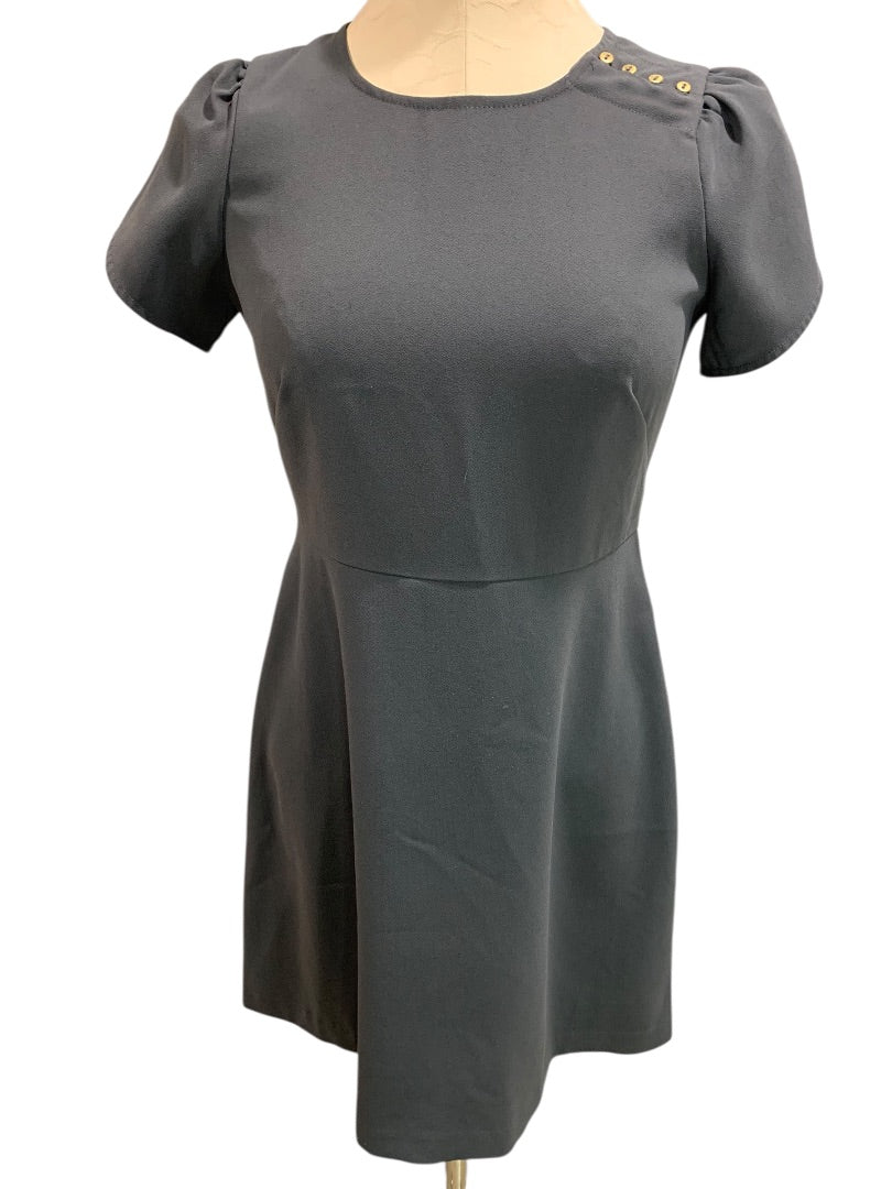 Size 2P Loft Petites Charcoal Gray A-Line Dress Button Embellished Shoulder