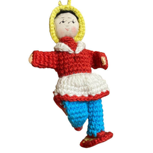 Vintage Amigurumi Japanese Crochet Doll 3" Silk Face Red Blue
