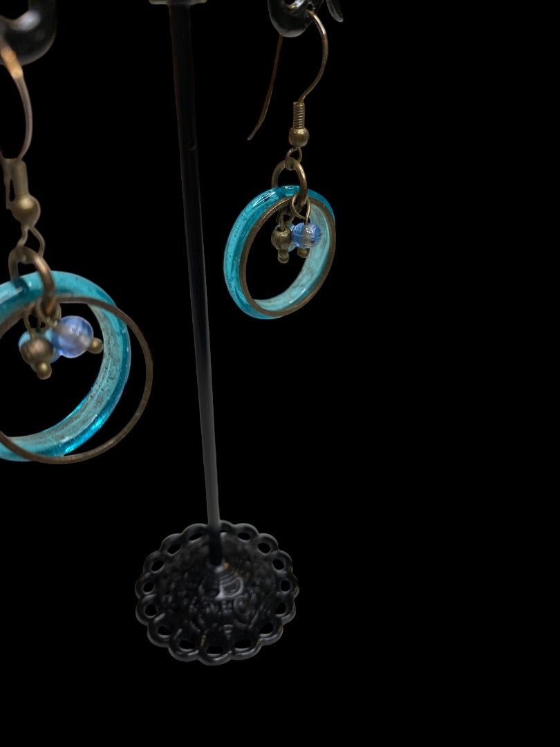 Artsy Copper Color Pierced Earrings Fishhook Teal 1.75" Drop