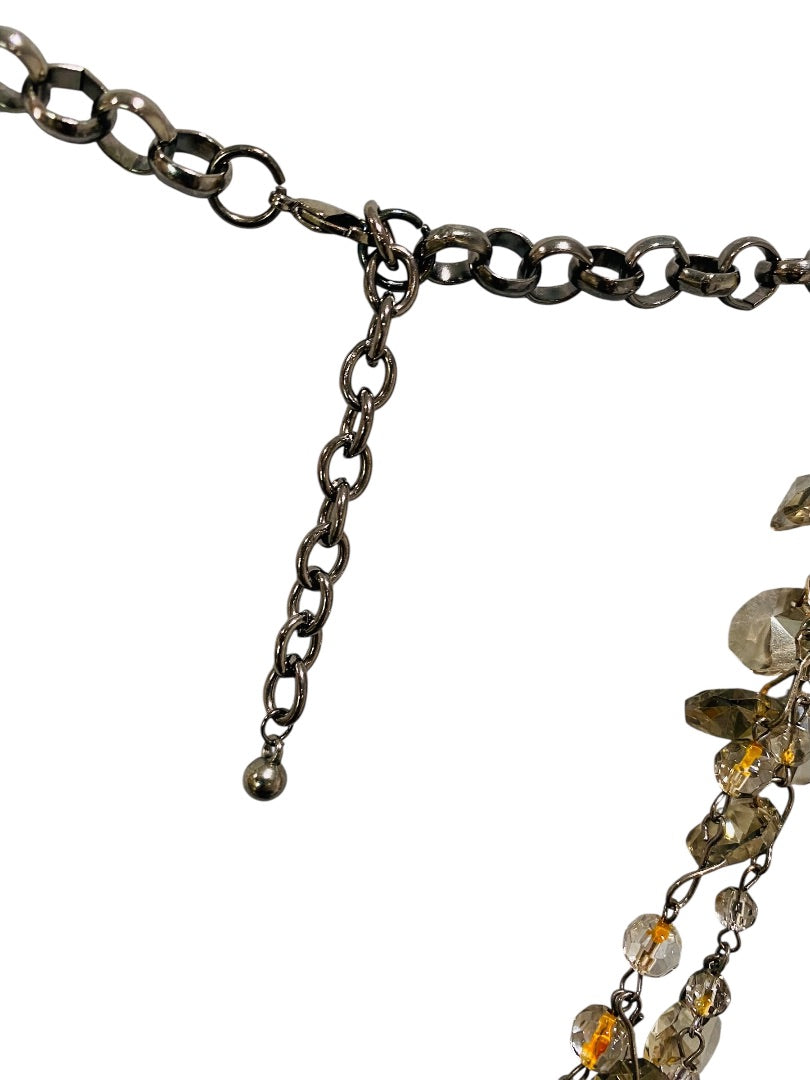 Pewter Color Double Strand Necklace Chunky Crystals 29" Chain