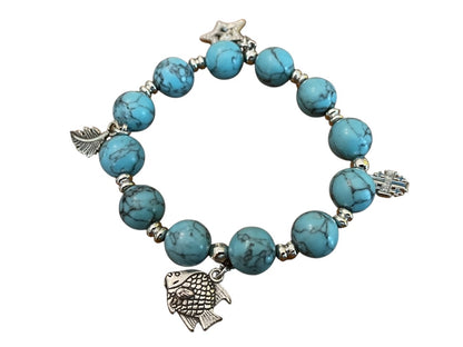 Beaded Stretch Silvertone Fish Feather Star Jerusalem Cross Bracelet Blue NWOT