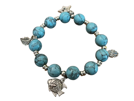Beaded Stretch Silvertone Fish Feather Star Jerusalem Cross Bracelet Blue NWOT