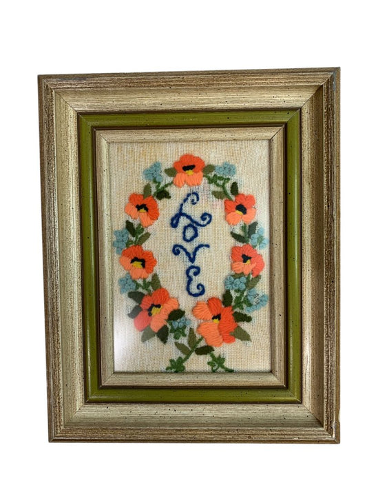 Vintage Framed Needlepoint Crewel Love Floral Wreath Wall Hanging 9.5" x 7.5"