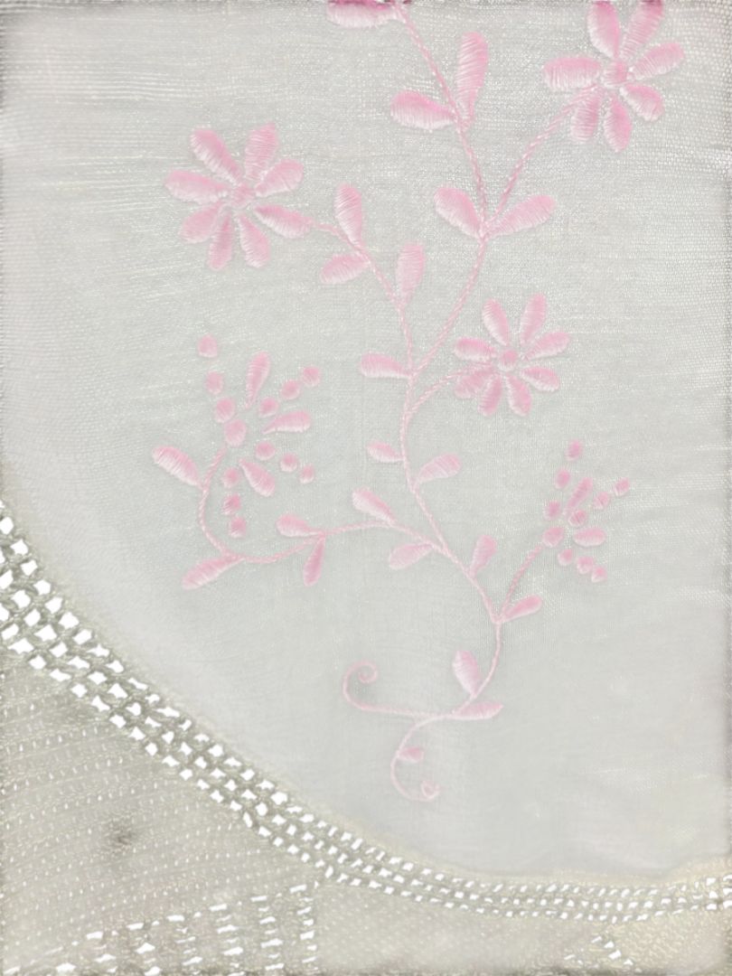 Vintage 40" Round Table Cloth Pink Embroidery Knit Crochet Edging