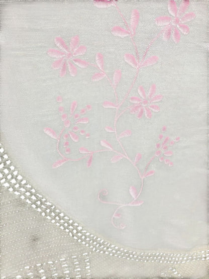 Vintage 40" Round Table Cloth Pink Embroidery Knit Crochet Edging